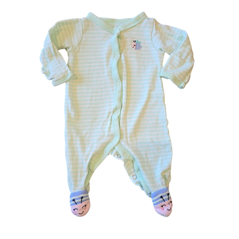 Carters Newborn Mint Green Striped‎ Bee Footed Sleep & Play Snap Up Romper NB
